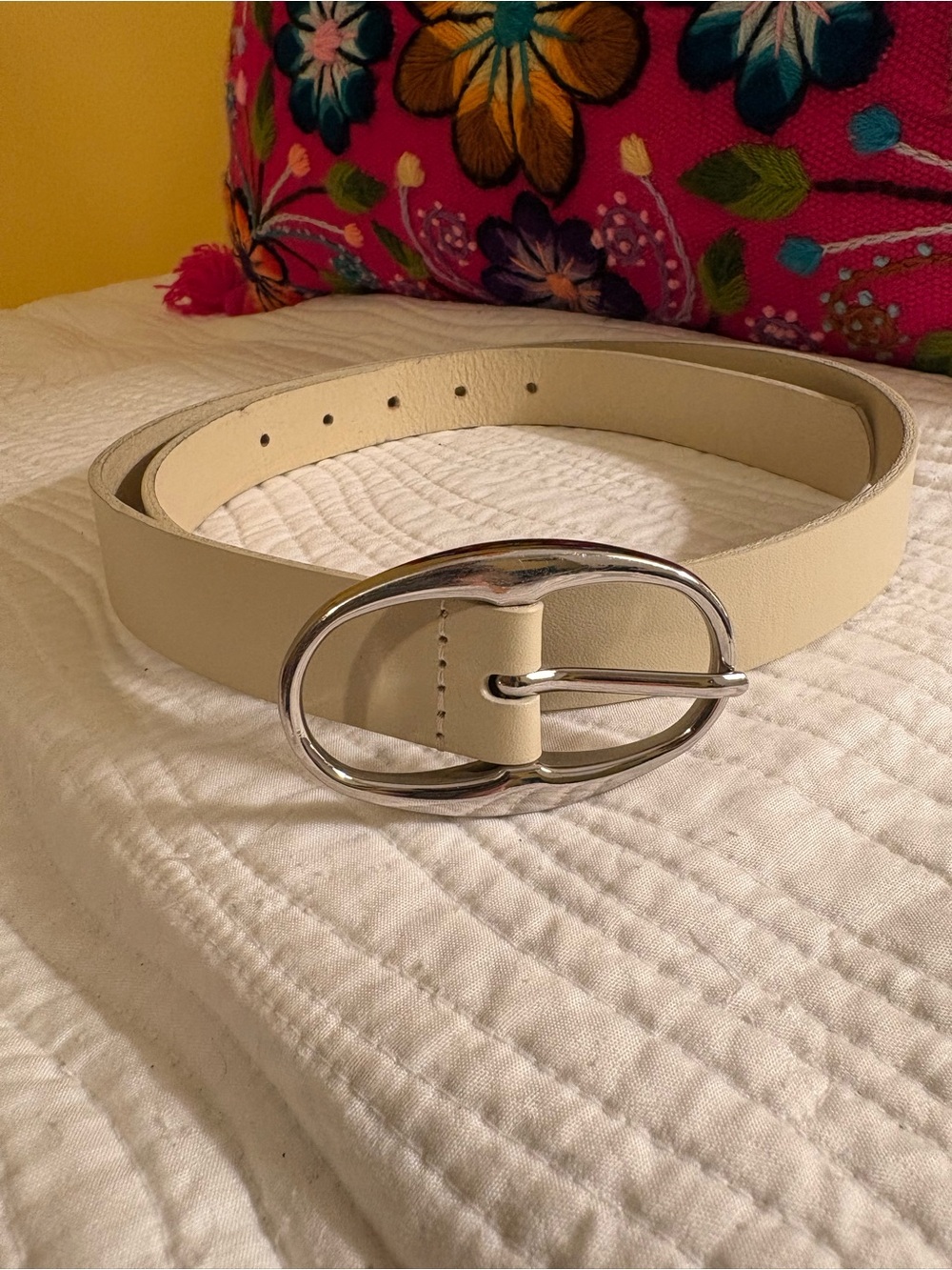 LOFT Cream Leather Belt with Silver Oval Buckle